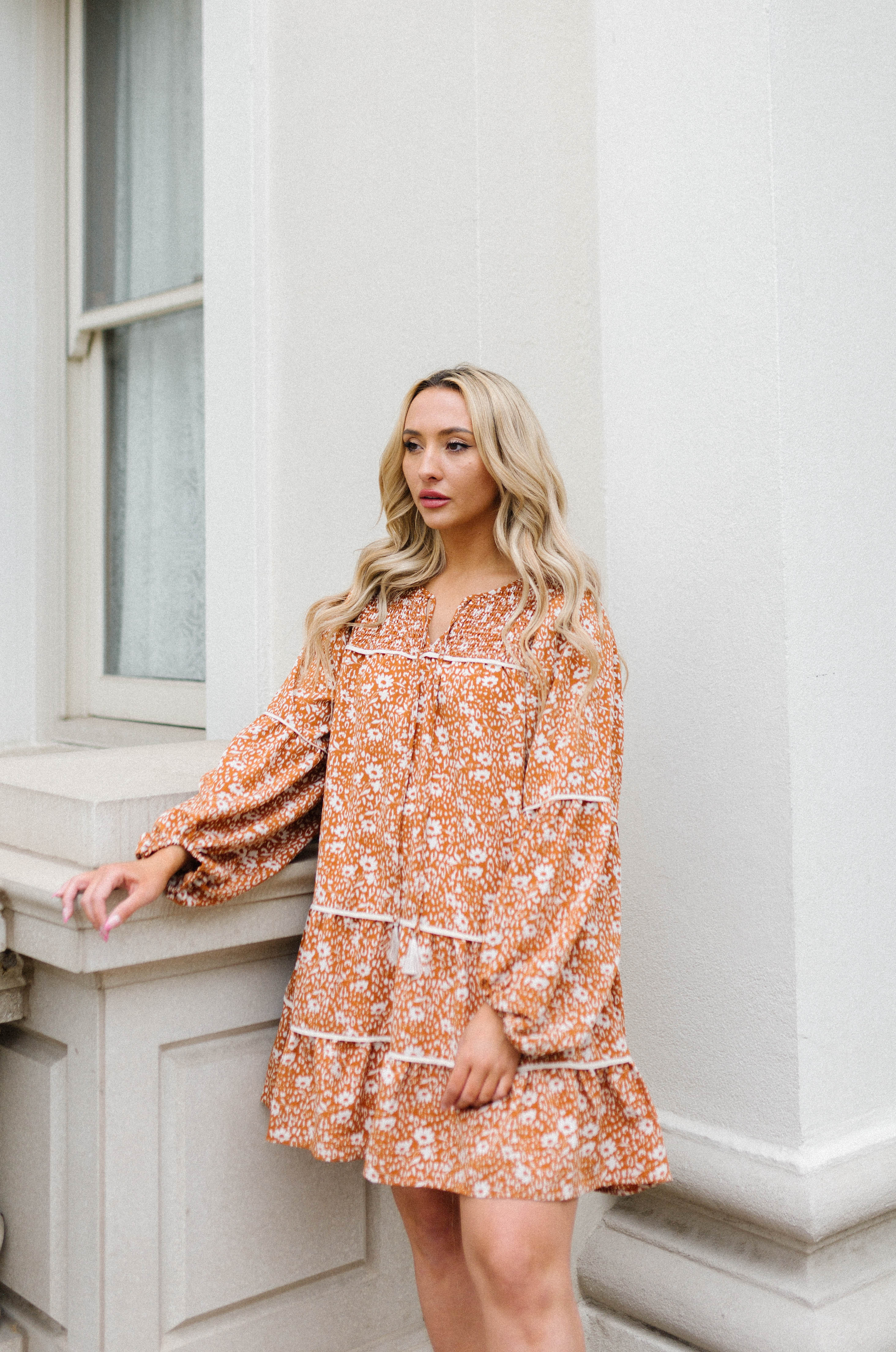 boho relaxed floral mini dress with white contrast
