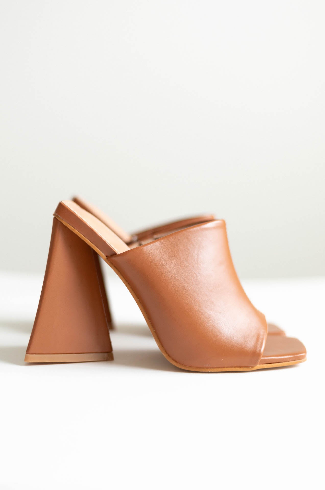 brown triangle block mule sandal heels