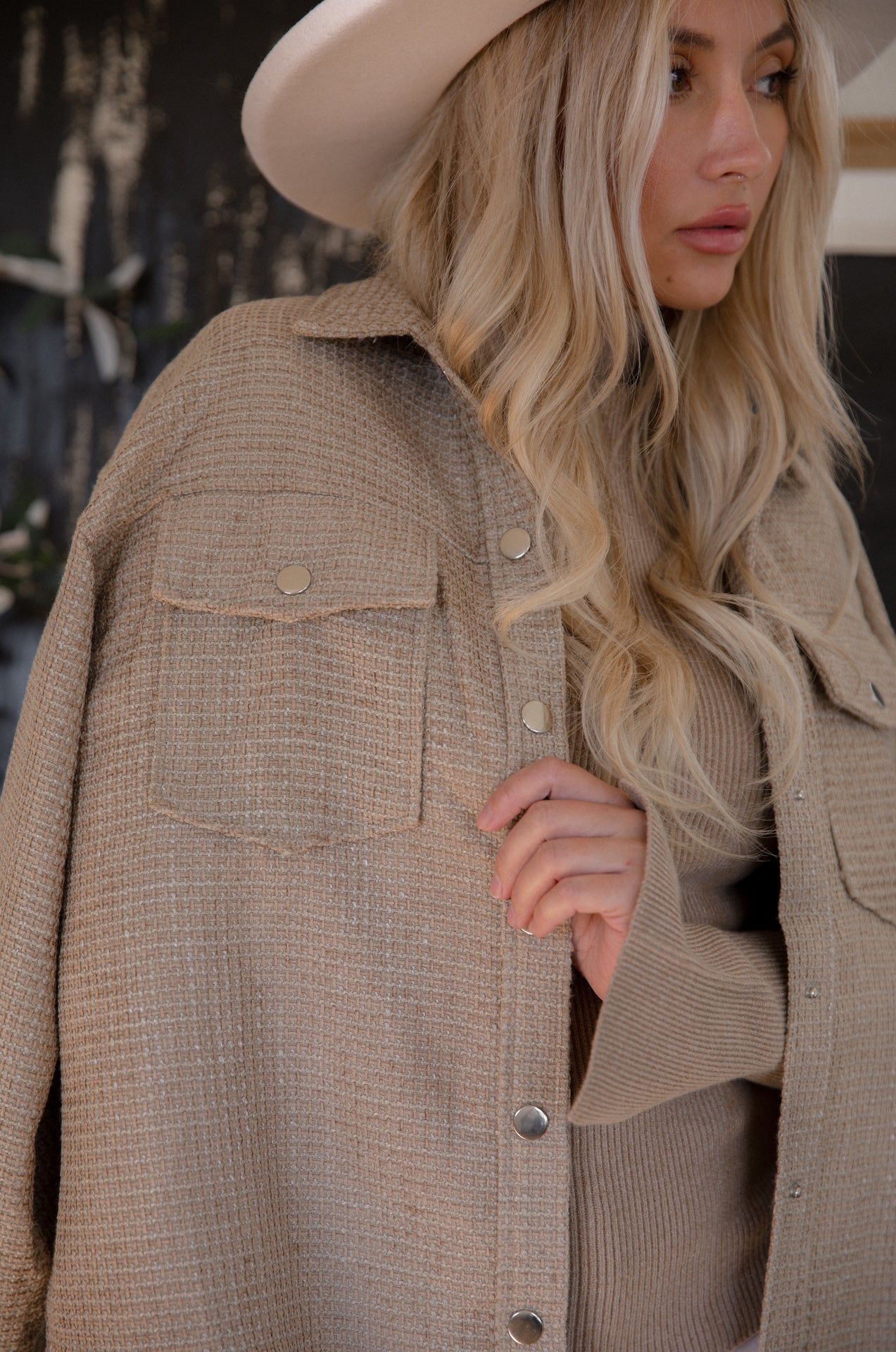 beige and cream tweed shacket