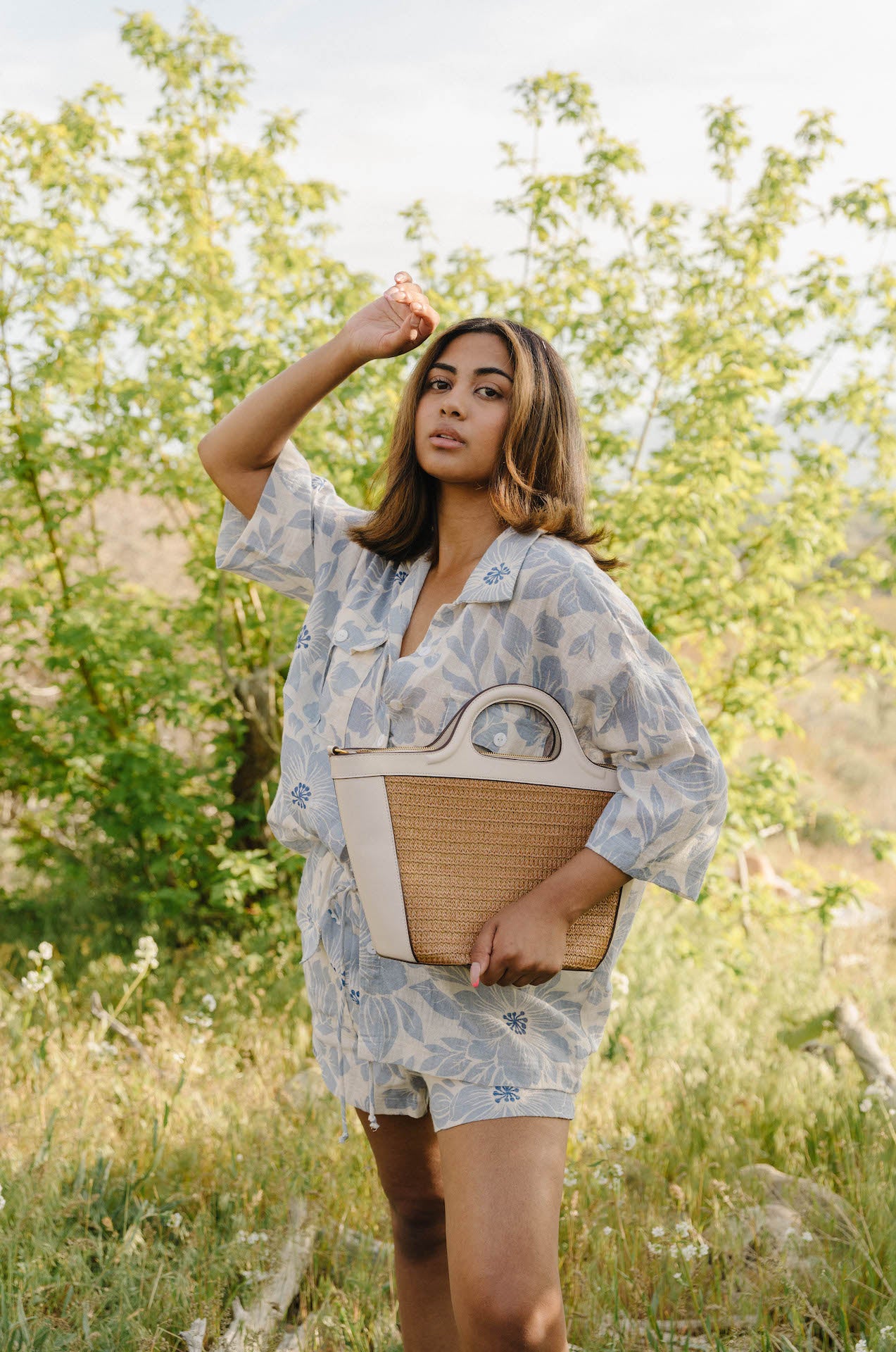 blue and white button down and shorts two piece set