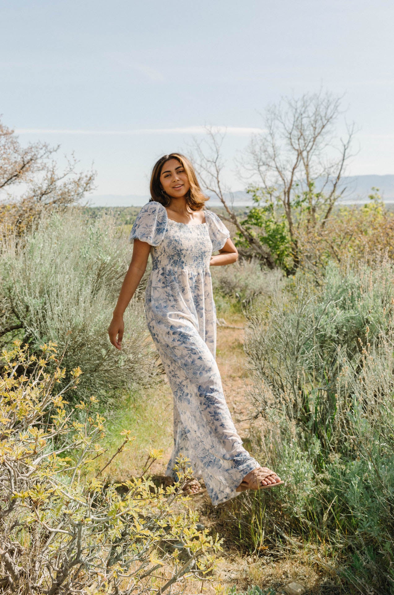 blue floral print puff sleeve jumpsuit