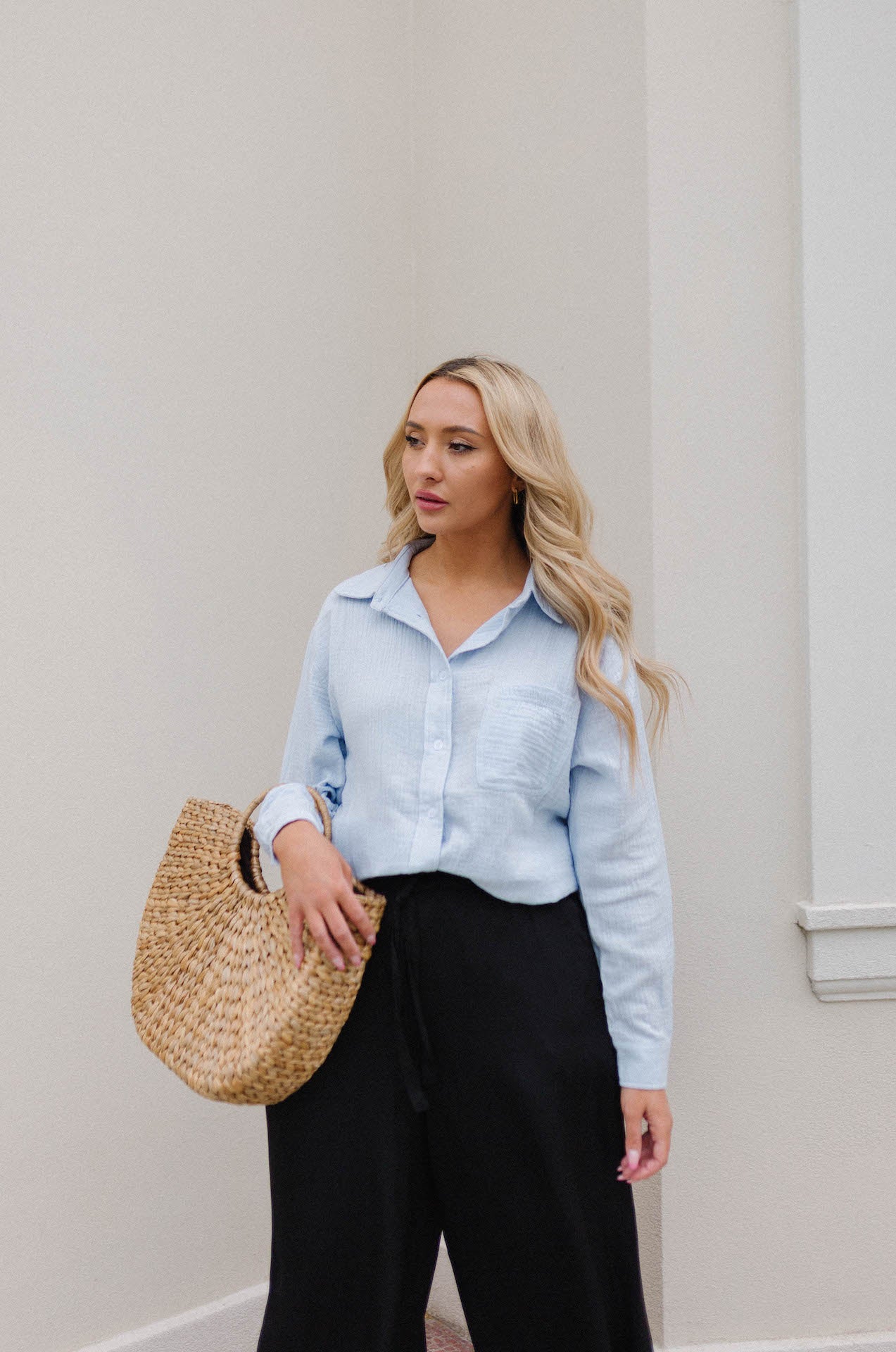 baby blue cotton button down top