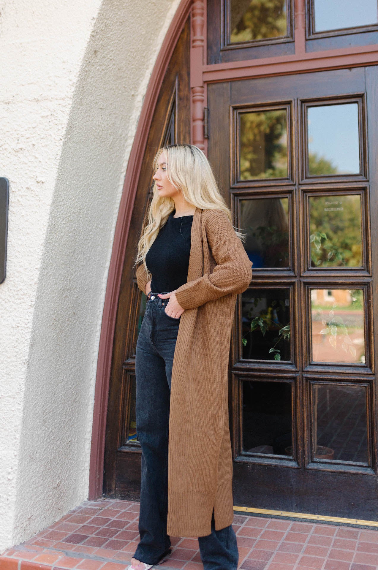 womens brown long knitted cardigan with long sleeves