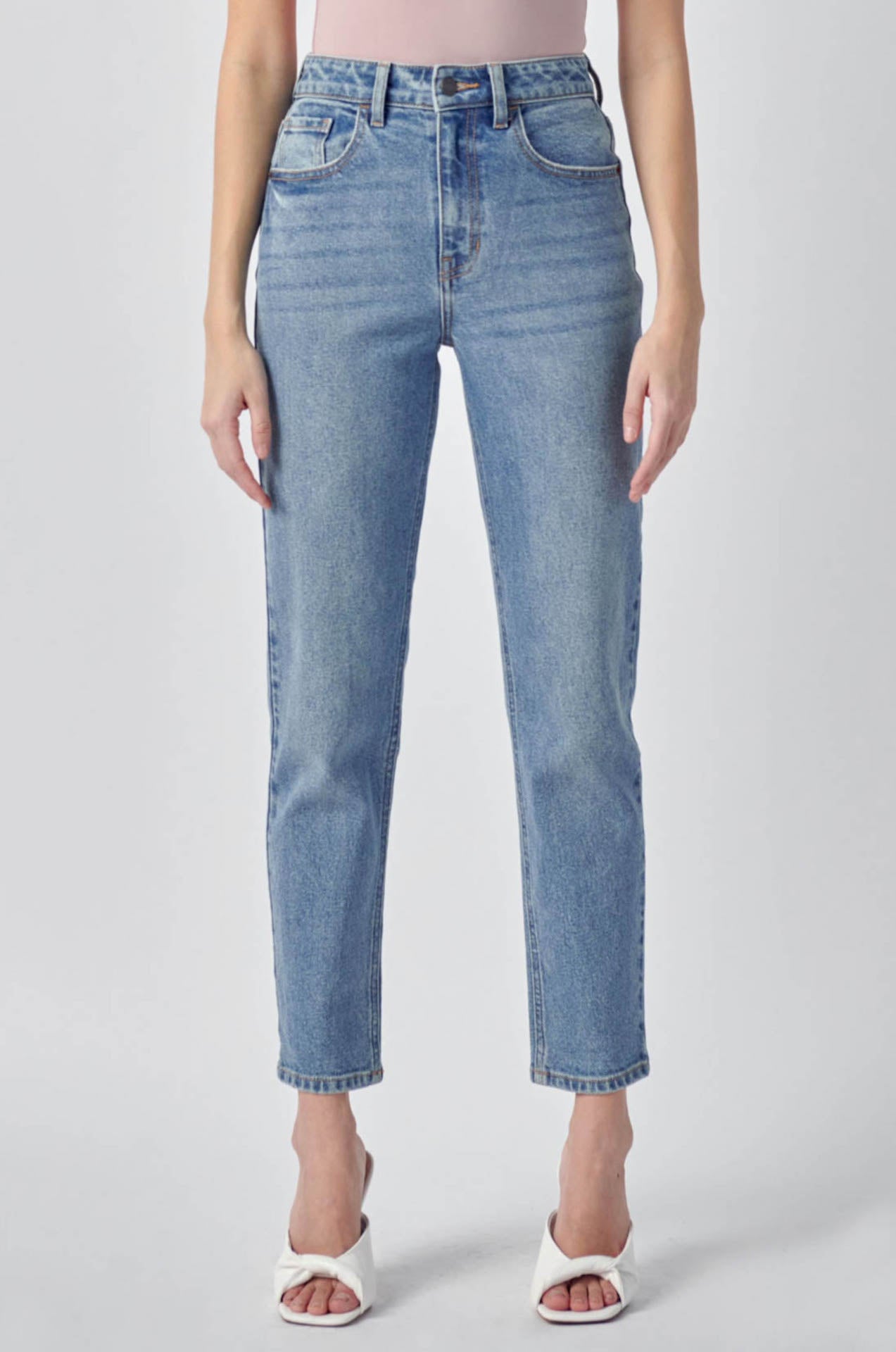 medium wash high waisted straight leg jeans by cello brand