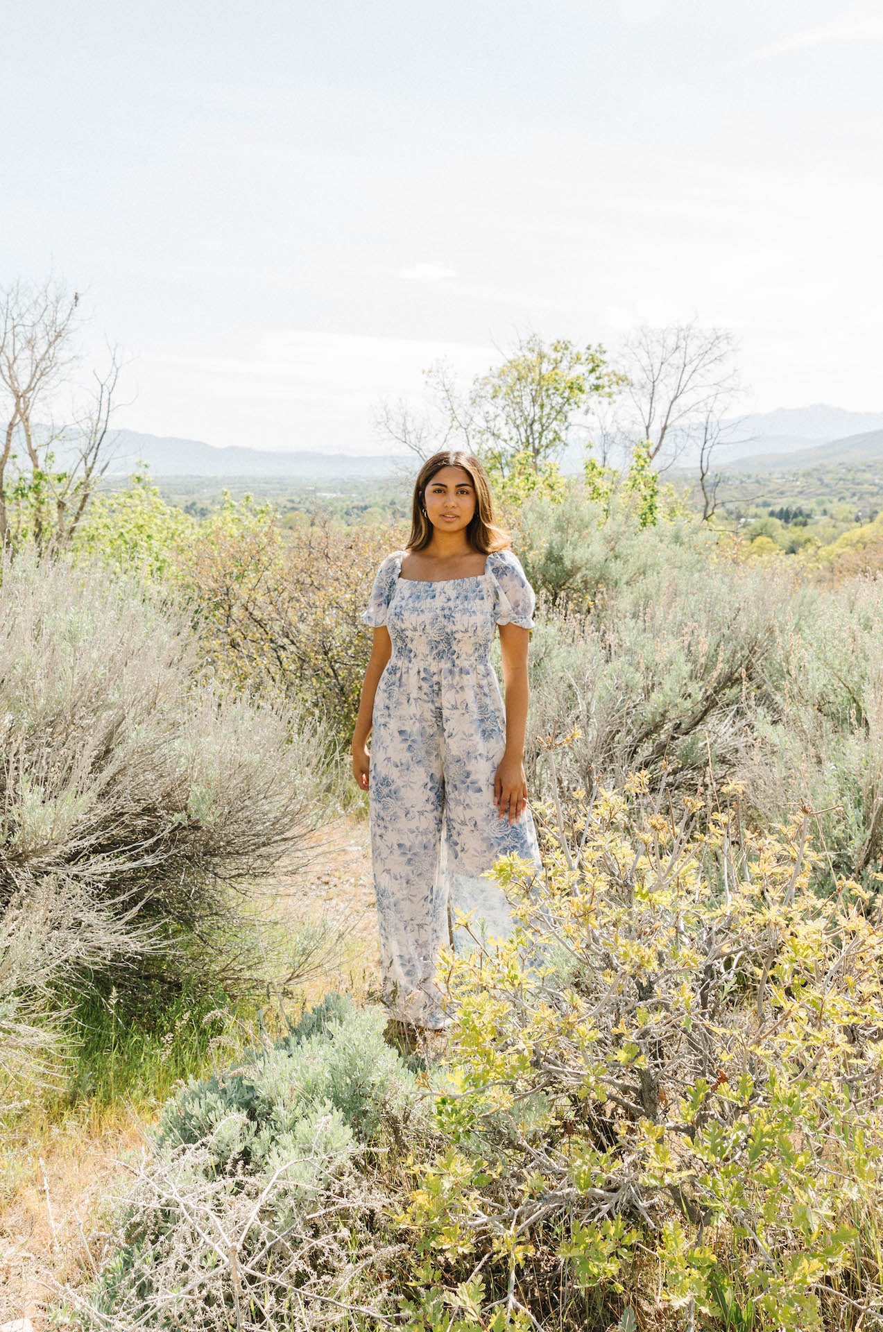 blue floral print puff sleeve jumpsuit