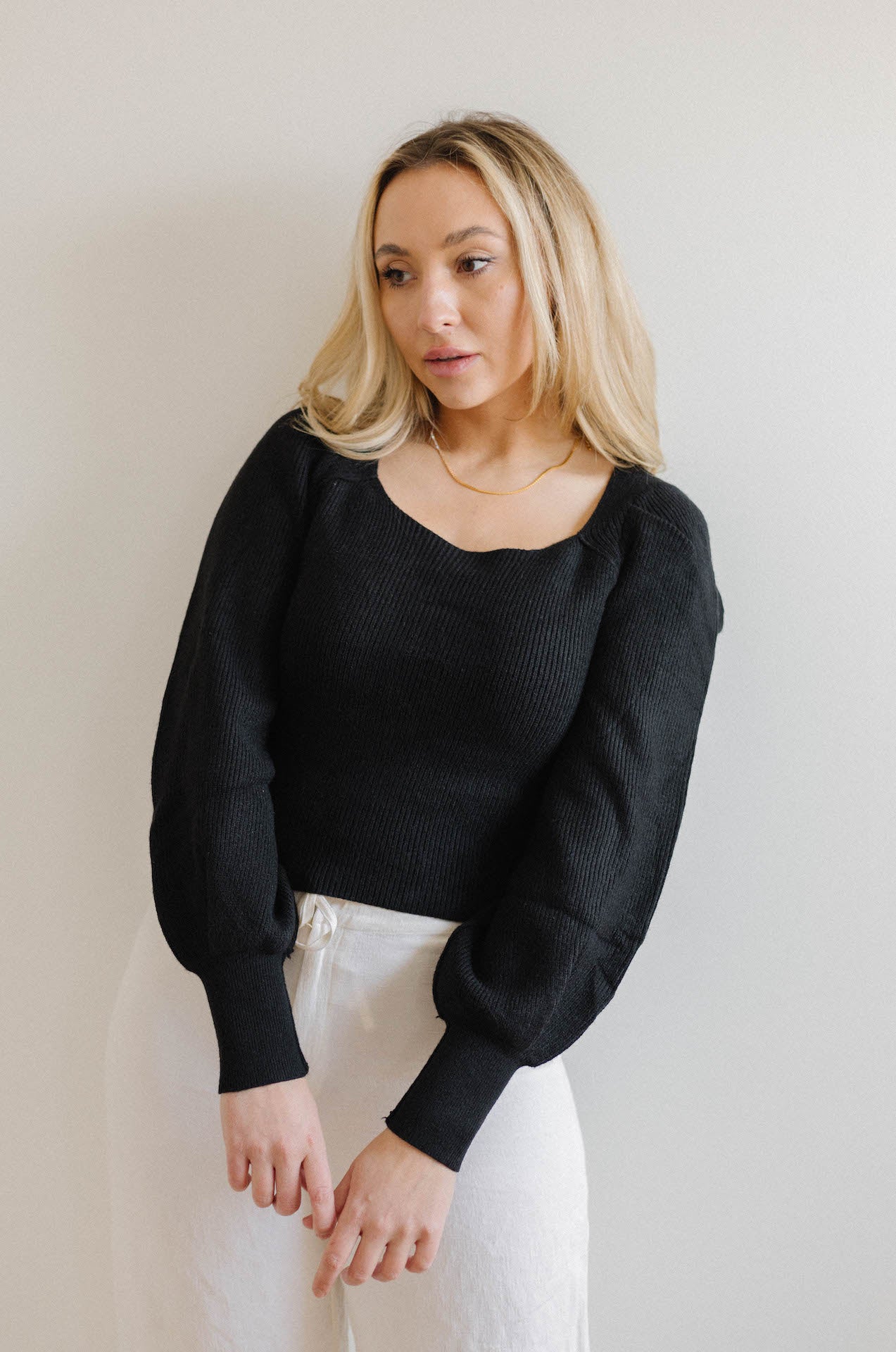 black ribbed square neckline sweater