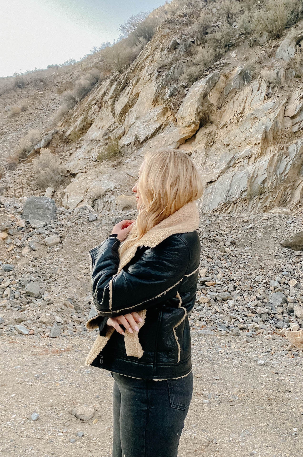 womens black faux leather biker jacket with shearling trim and interior