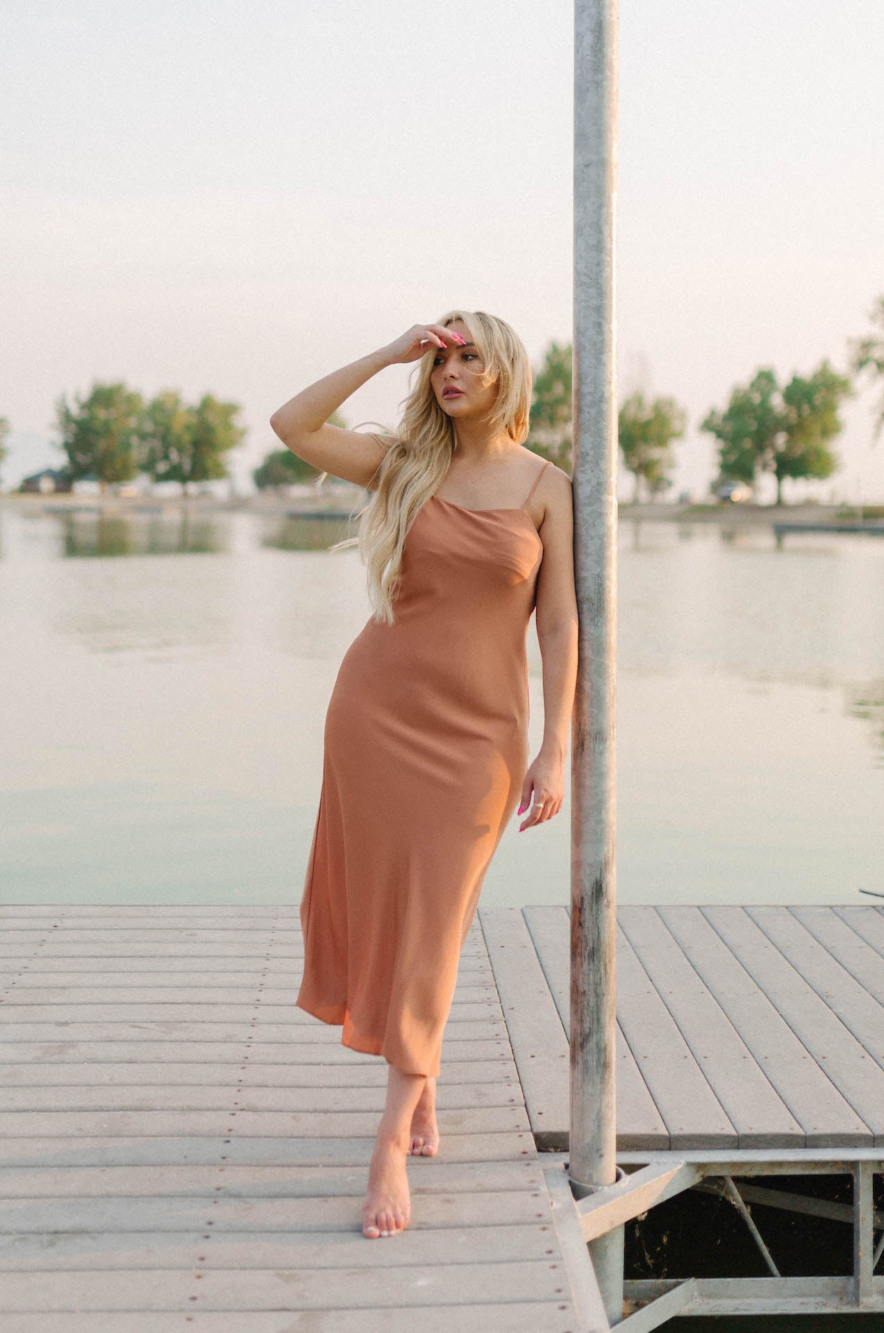 terracotta silky midi dress