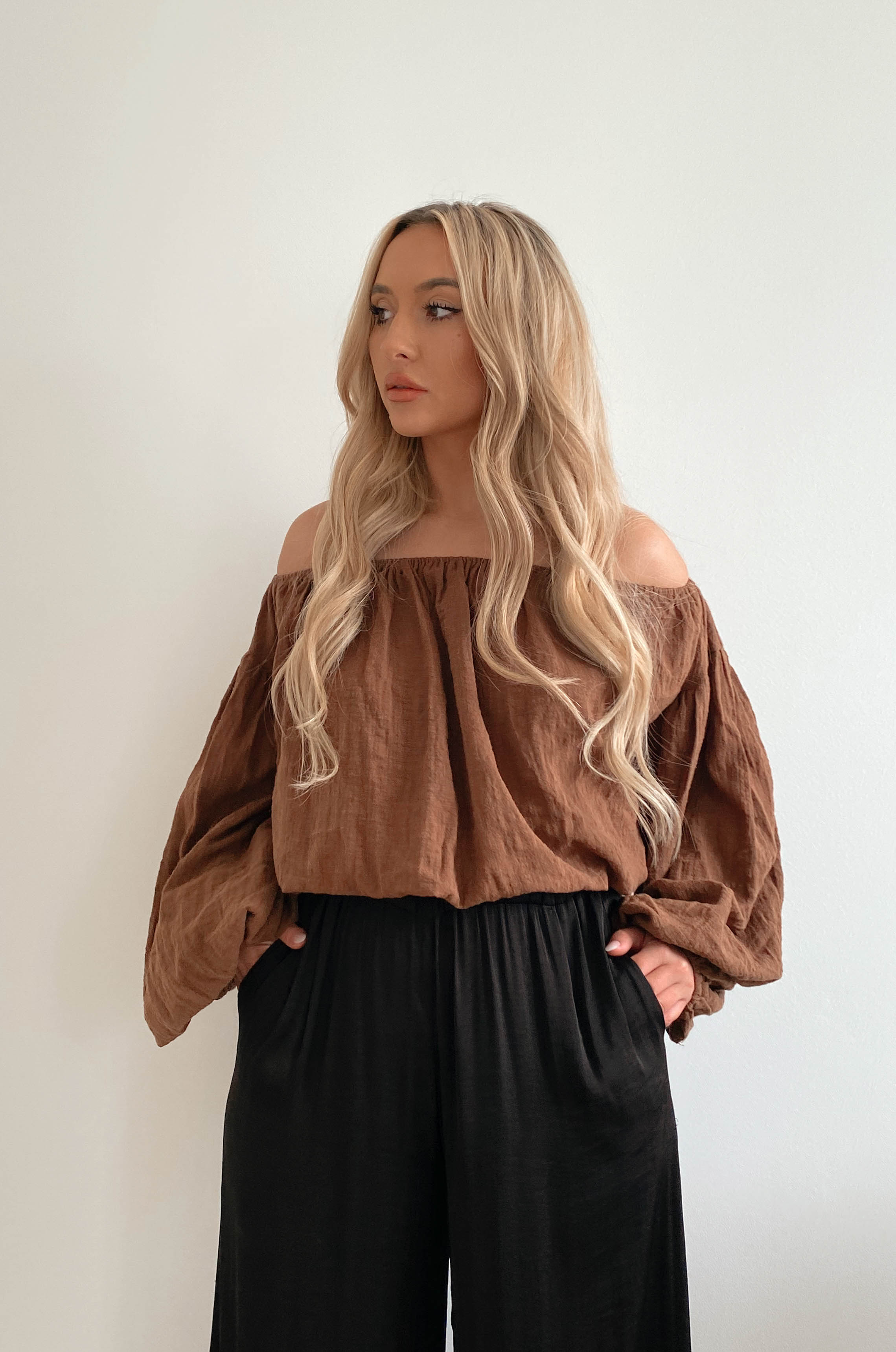 brown gauzy cotton off the shoulder top