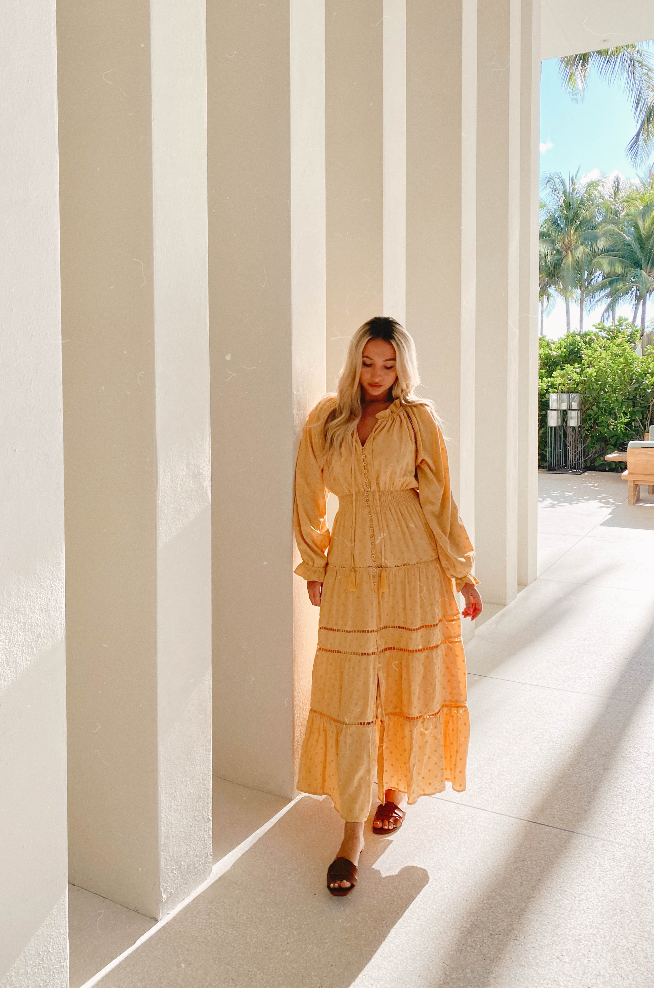 Sunset Dates Yellow Boho Swiss Dot Maxi Dress