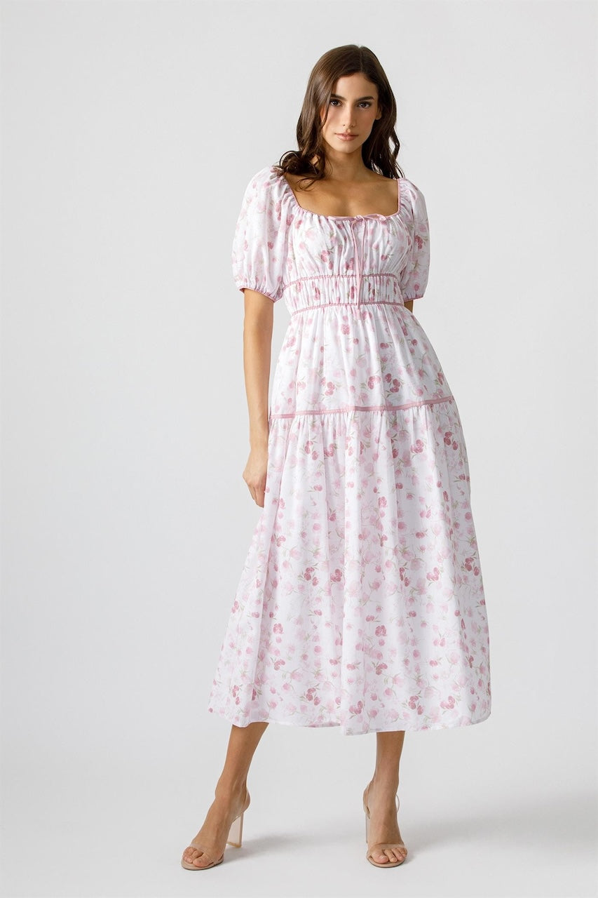 Ivory Pink Floral Puff Sleeve Midi Dress