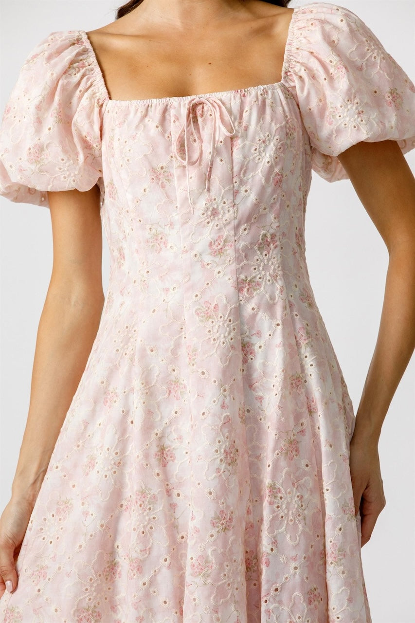 Blush Pink Floral Puff Sleeve Midi Dress