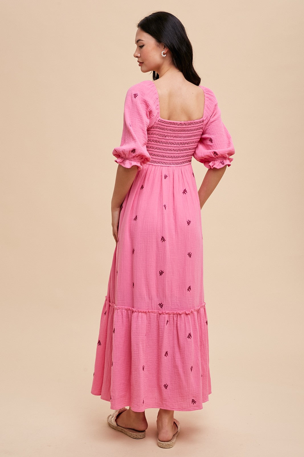 Tory Embroidered Gauzey Midi Dress - Pink