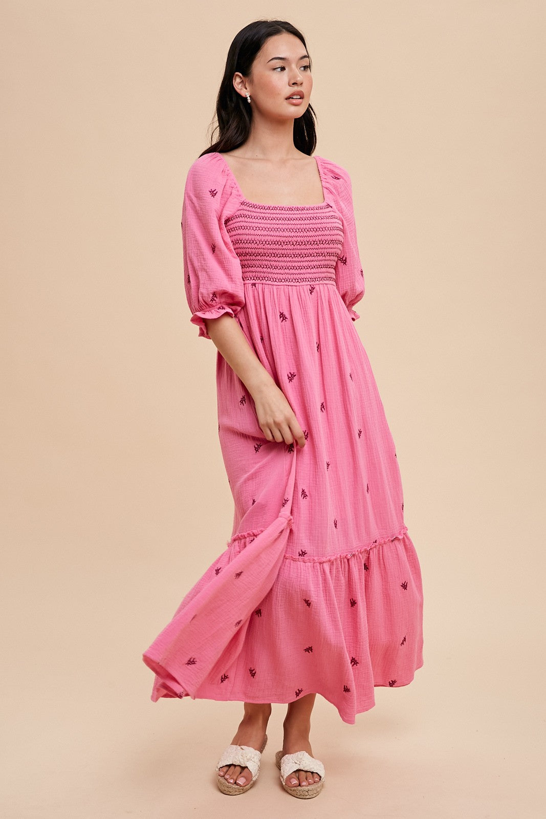 Tory Embroidered Gauzey Midi Dress - Pink