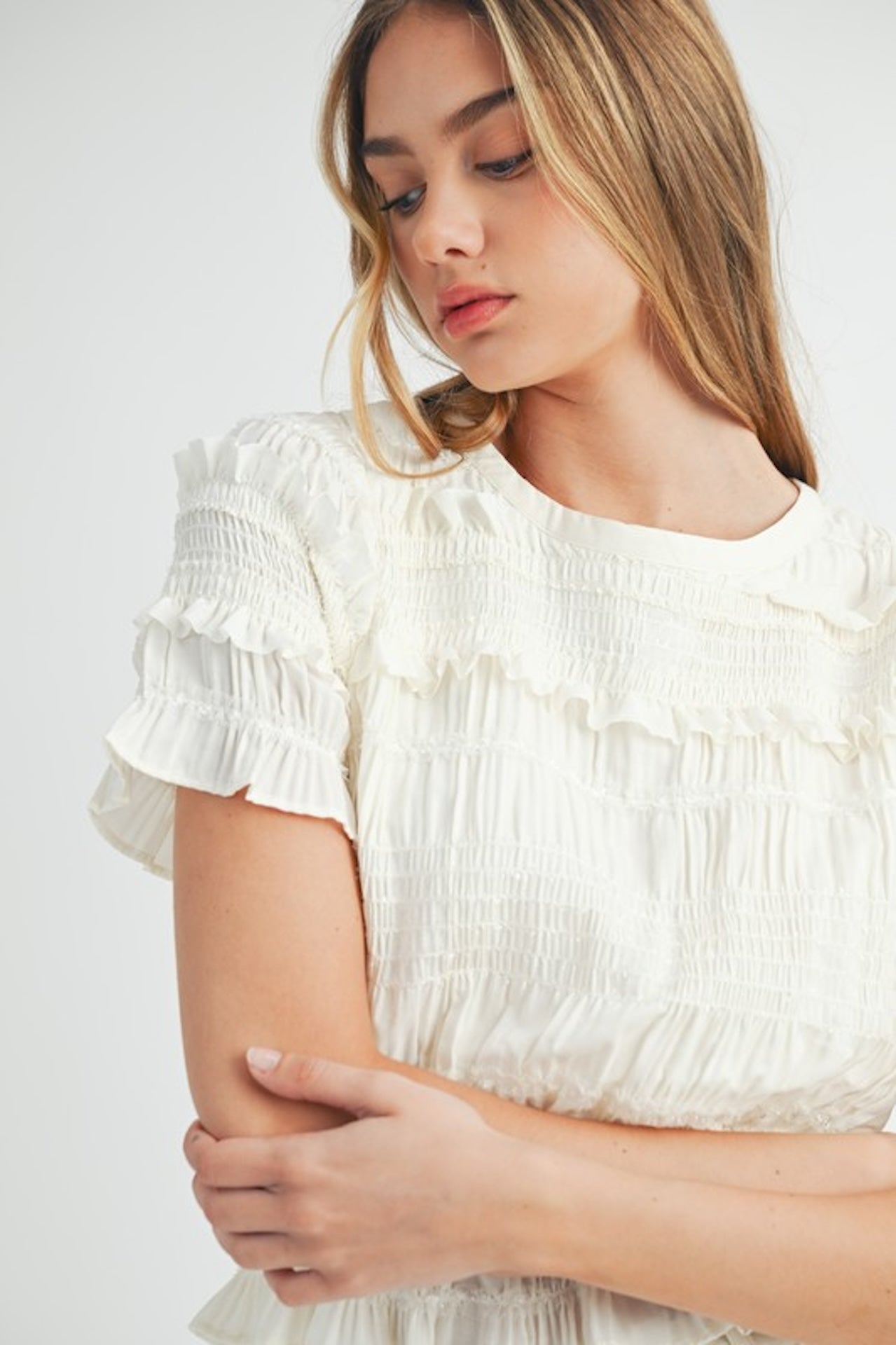 White Smocked Ruffle Peplum Top