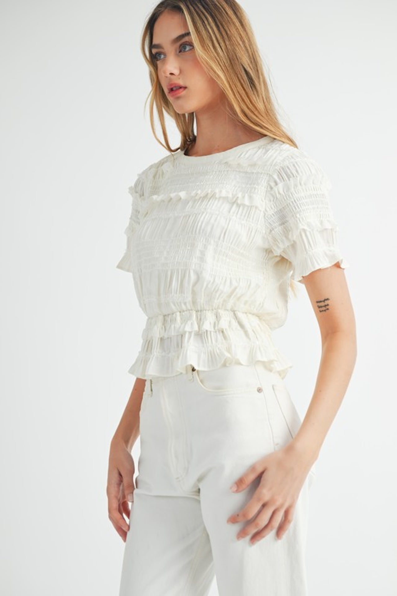 White Smocked Ruffle Peplum Top