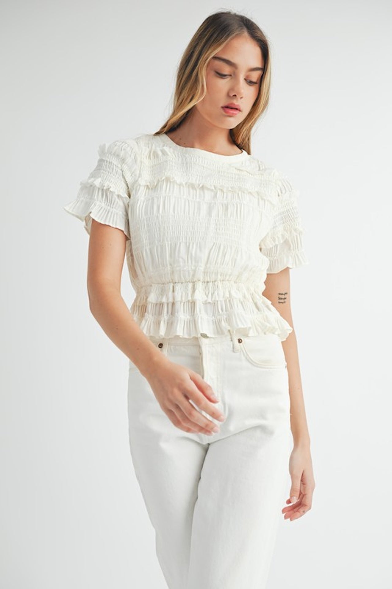 White Smocked Ruffle Peplum Top