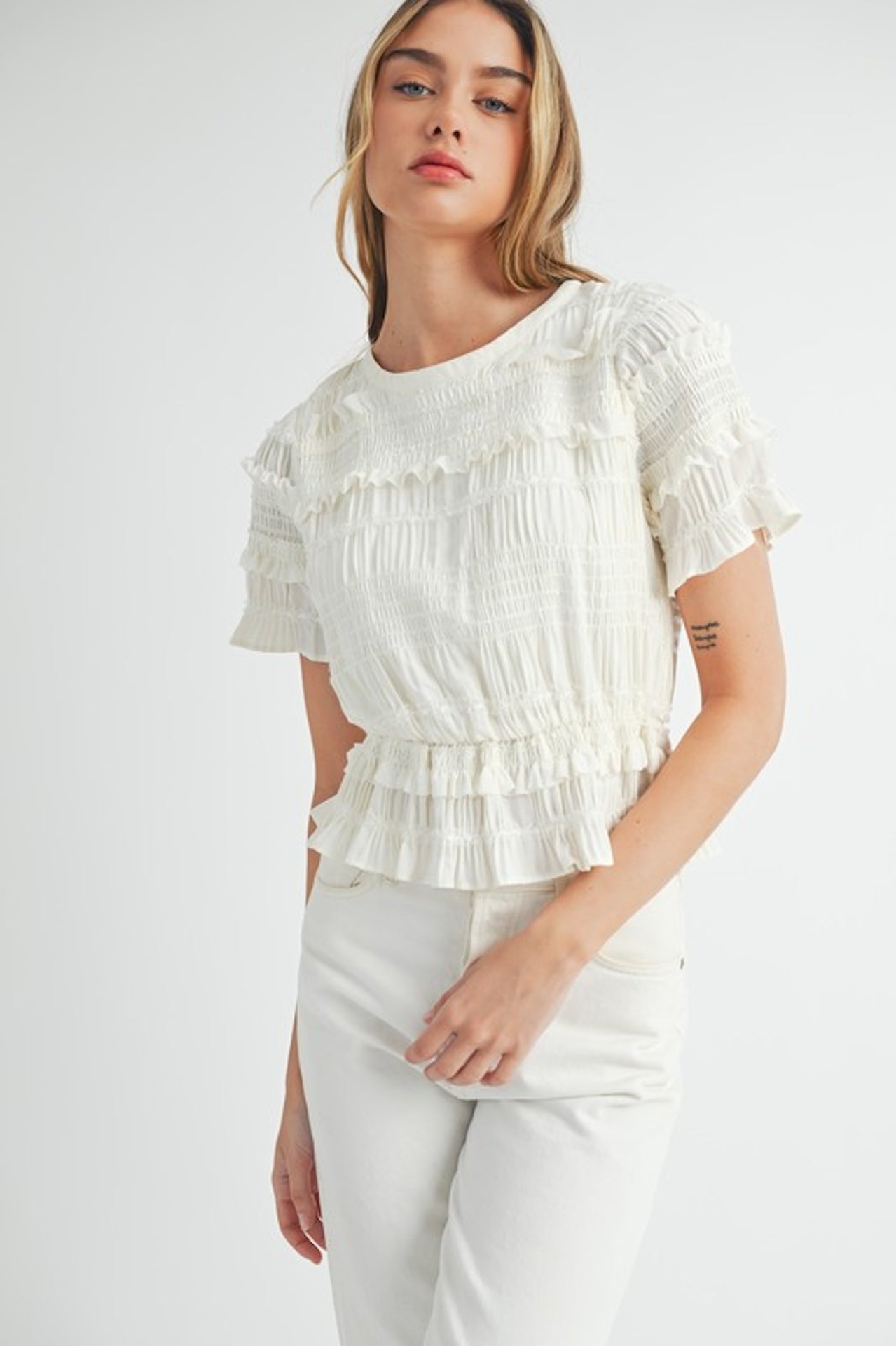 White Smocked Ruffle Peplum Top