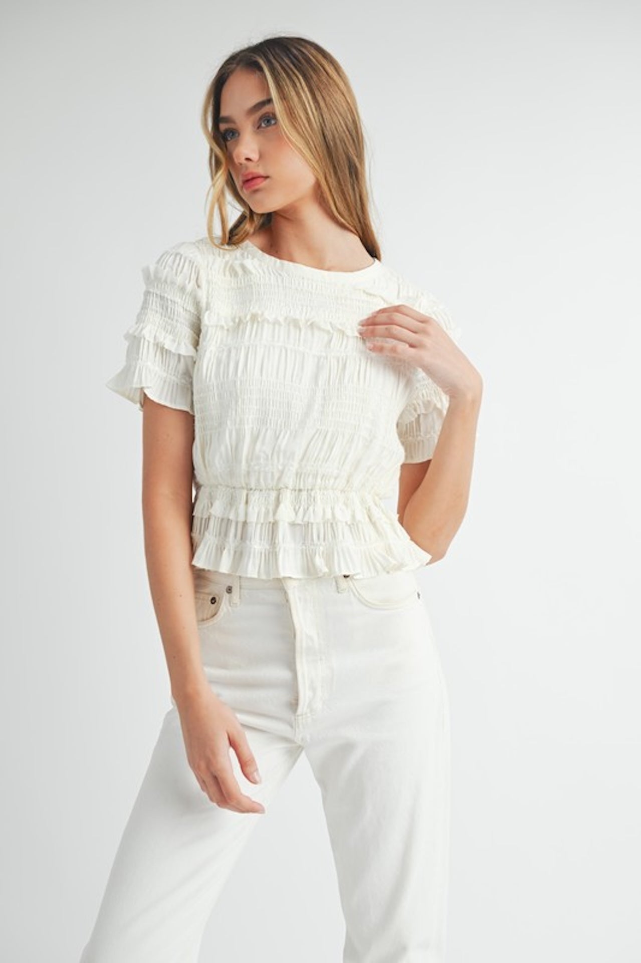 White Smocked Ruffle Peplum Top