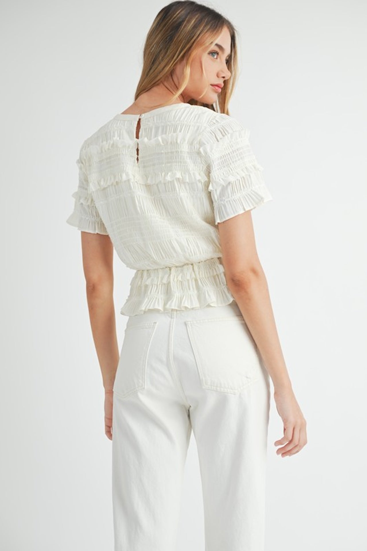 White Smocked Ruffle Peplum Top