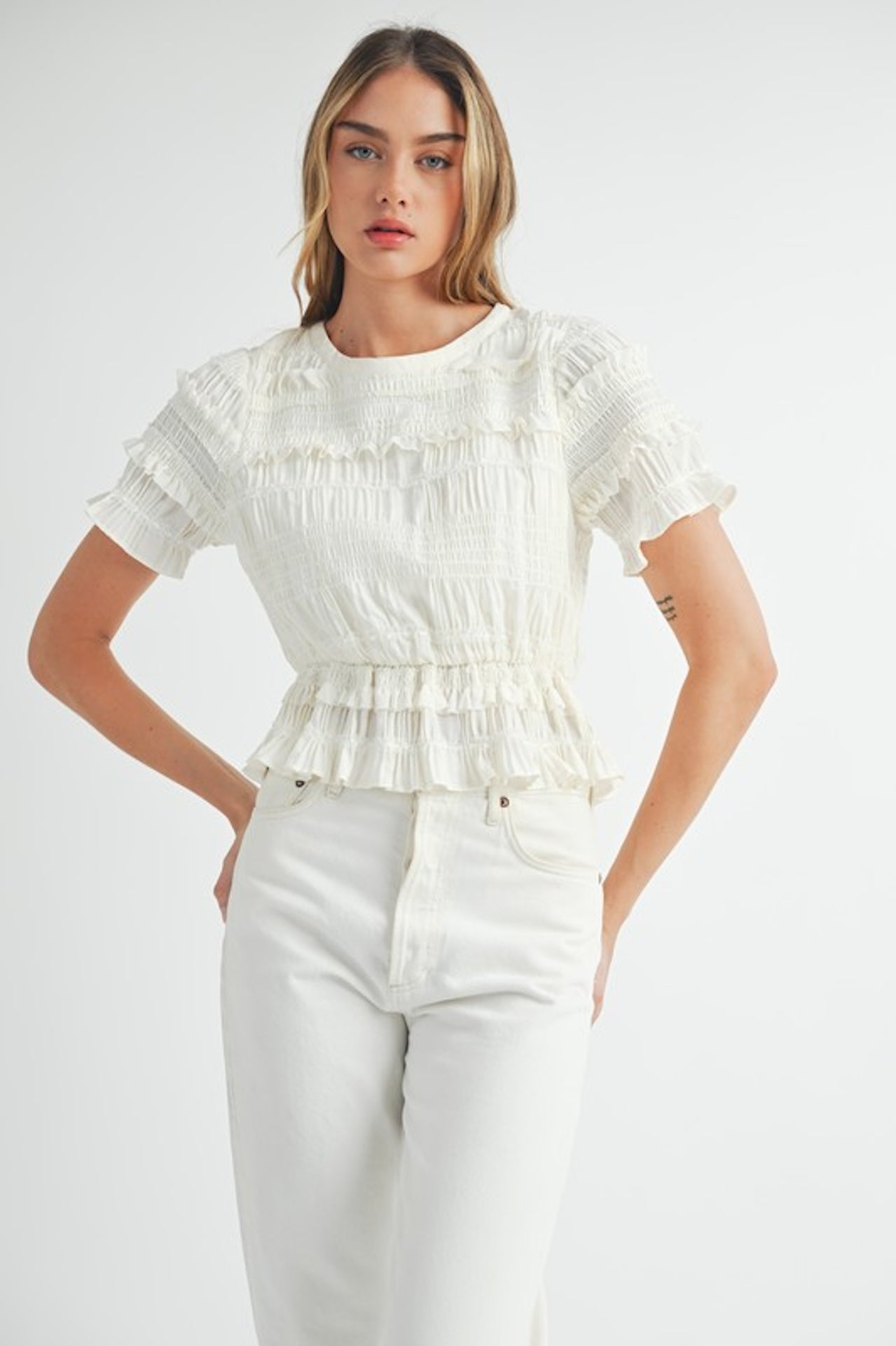 White Smocked Ruffle Peplum Top