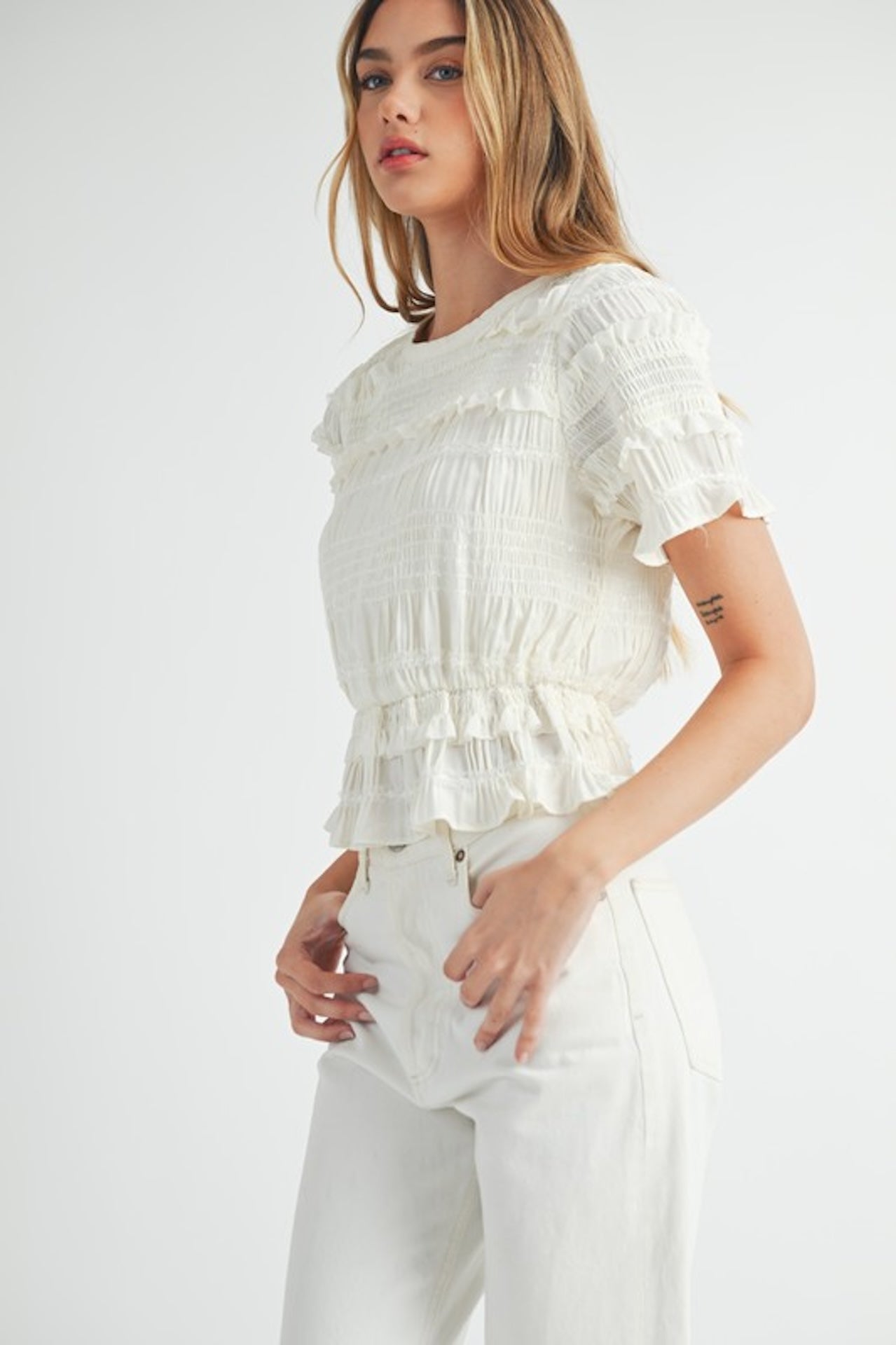 White Smocked Ruffle Peplum Top