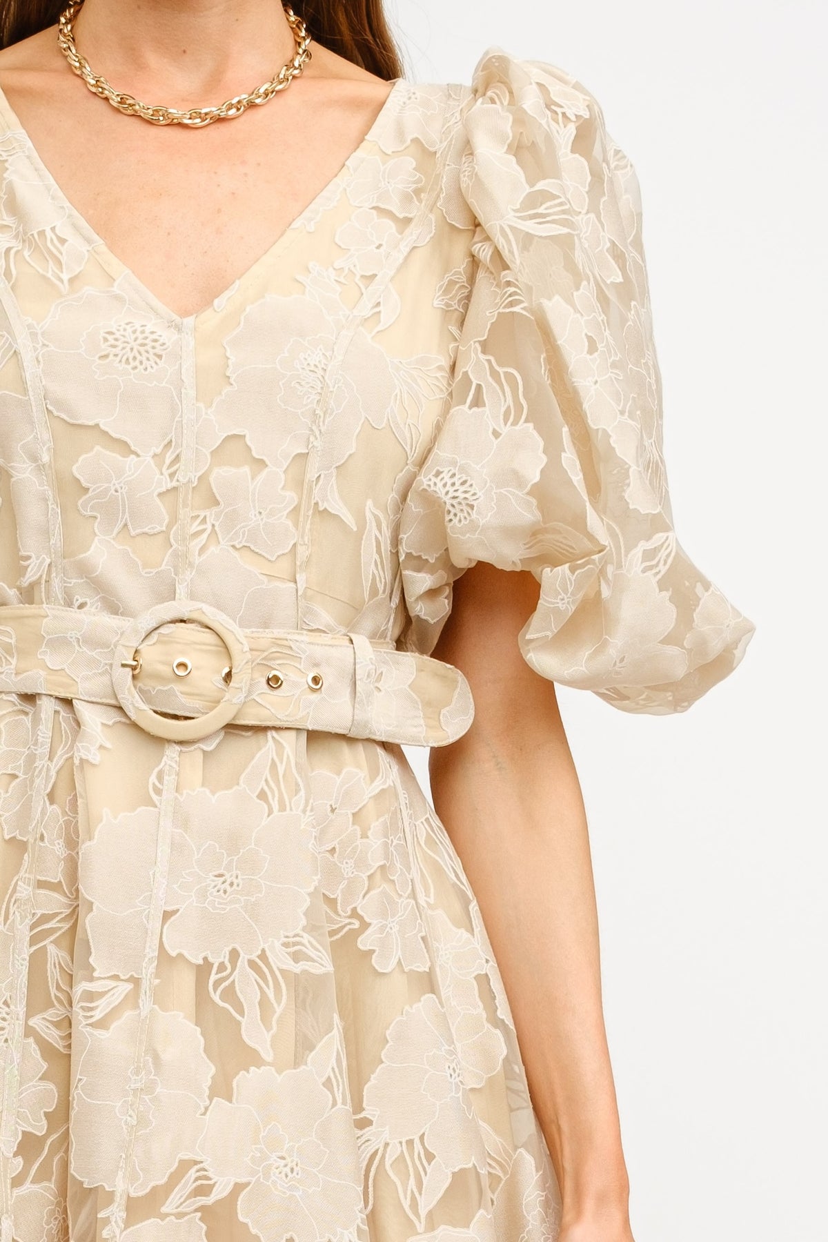 Puff Sleeve Beige Floral Dress