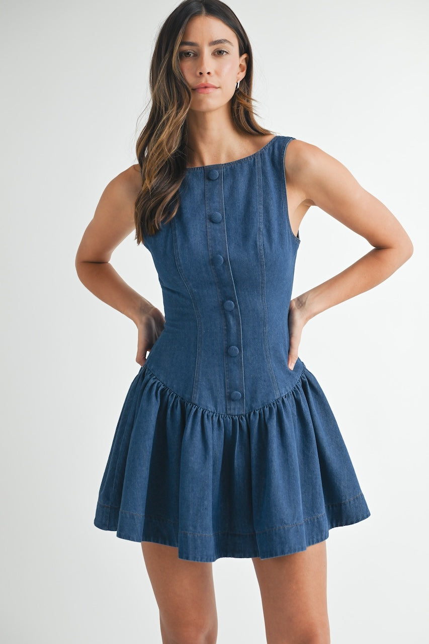 Denim Button Front Low Waist Mini Dress