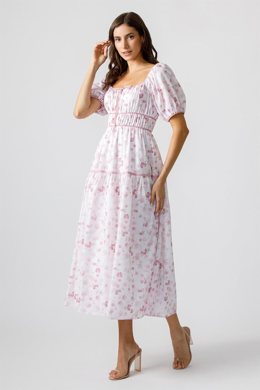 Ivory Pink Floral Puff Sleeve Midi Dress