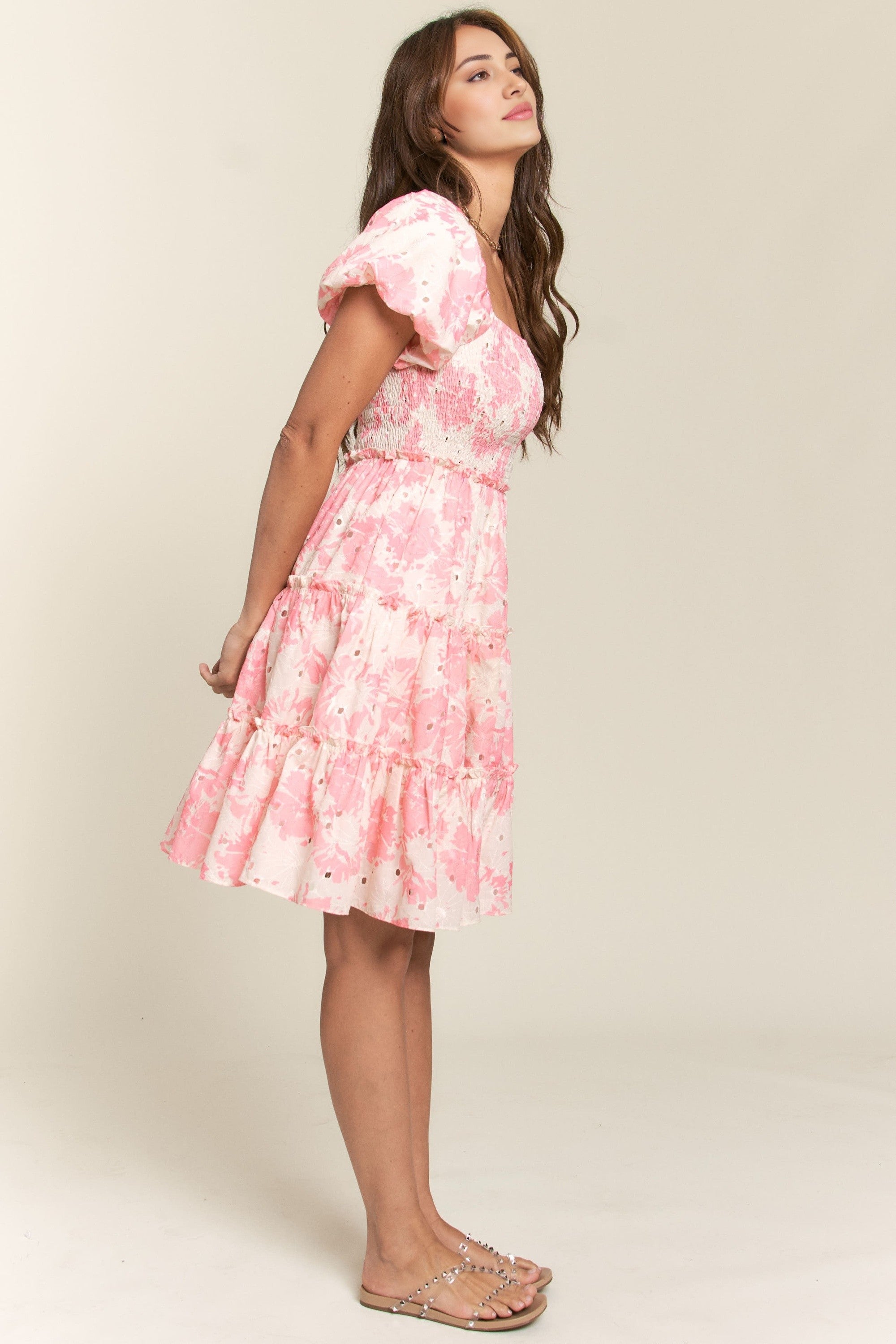 Pink Puff Sleeve Floral Dress