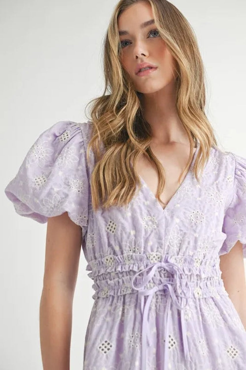 Lavender Eyelet Lace Puff Sleeve Midi Dress