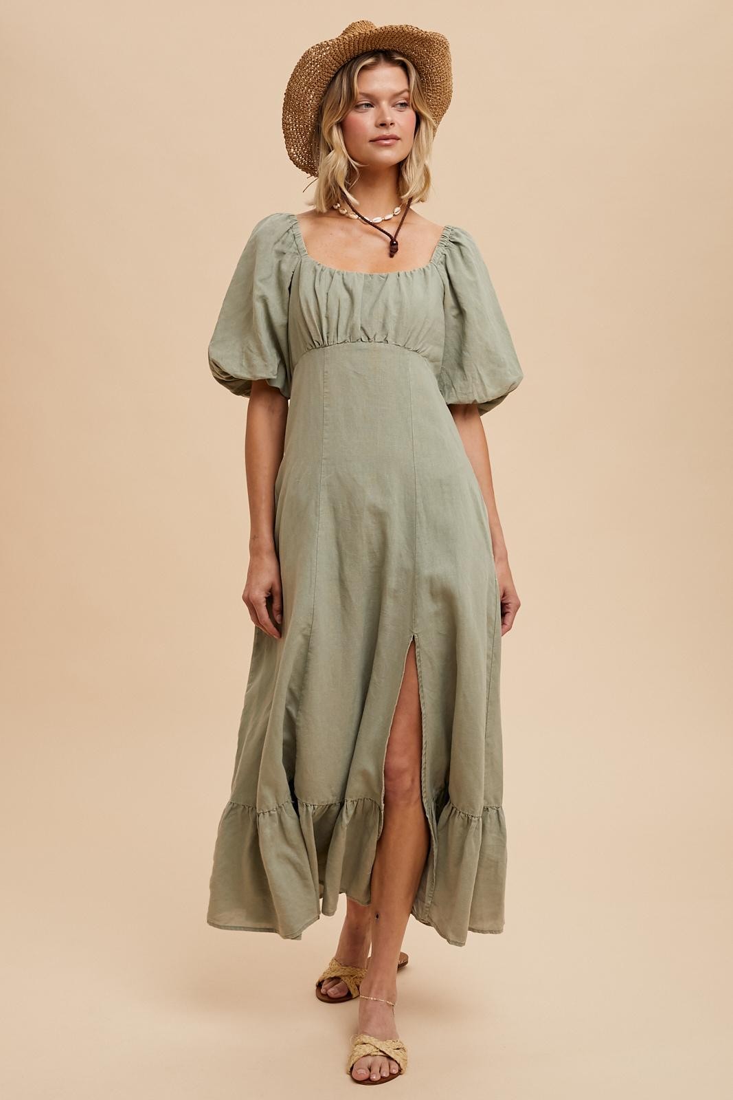 Linen Puff Sleeve Dress