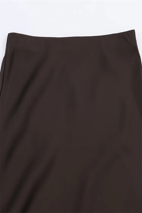 Brown Lace Trim Satin Slip Midi Skirt