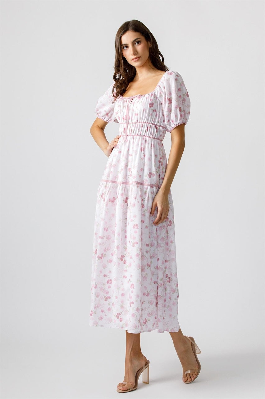 Ivory Pink Floral Puff Sleeve Midi Dress