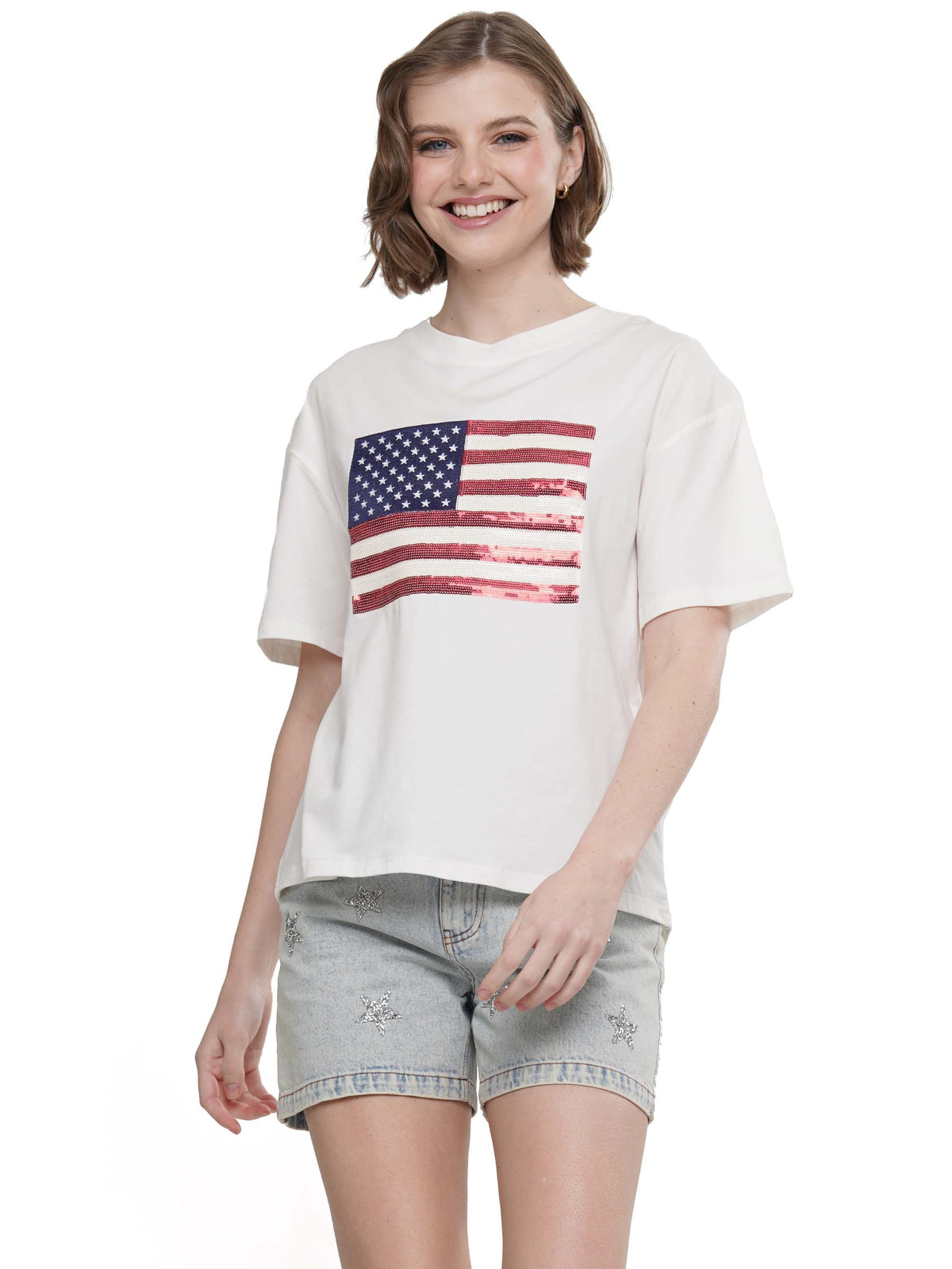 American Flag Sequins Patch Knit Top