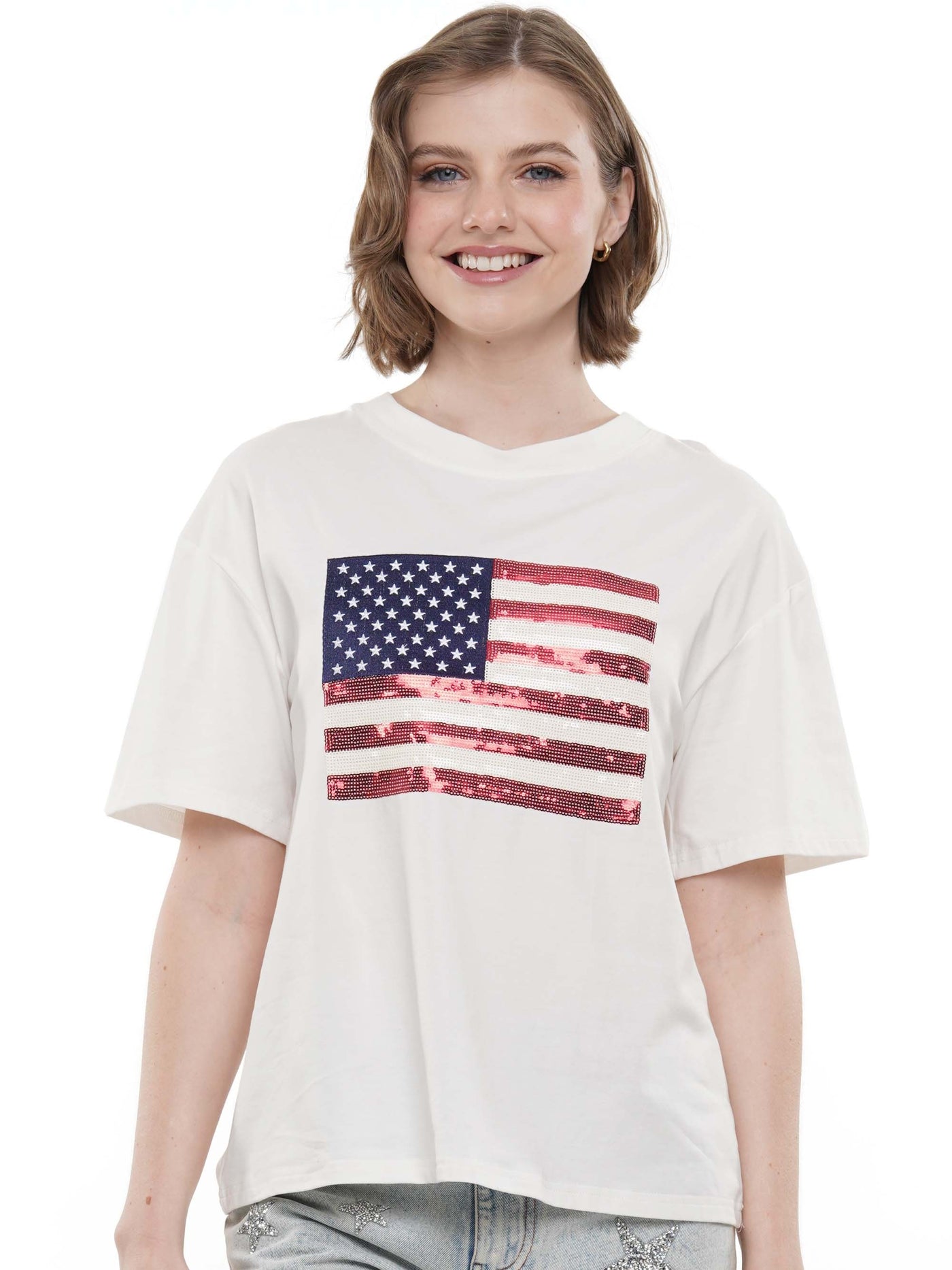 American Flag Sequins Patch Knit Top