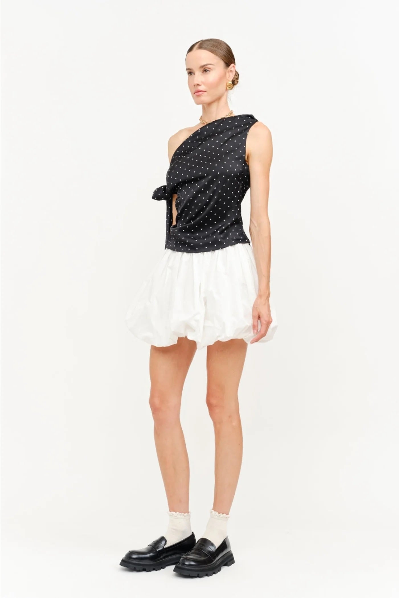 Black Asymmetrical Polka Dot One Shoulder Top