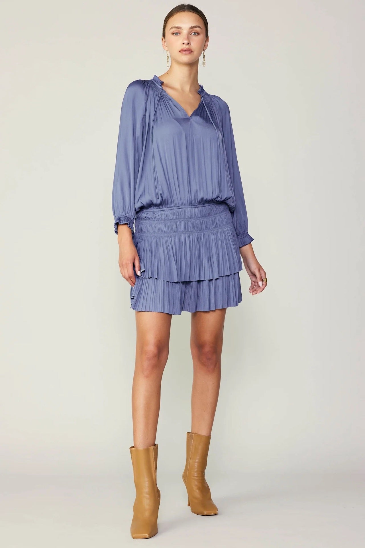 current air dress pleated mini dress with long sleeves