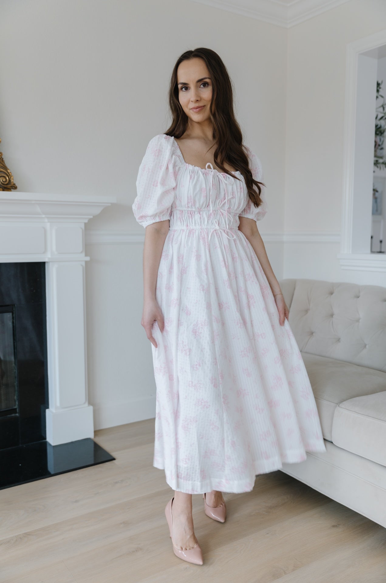 pink and white floral dress with puff sleeves and midi long length