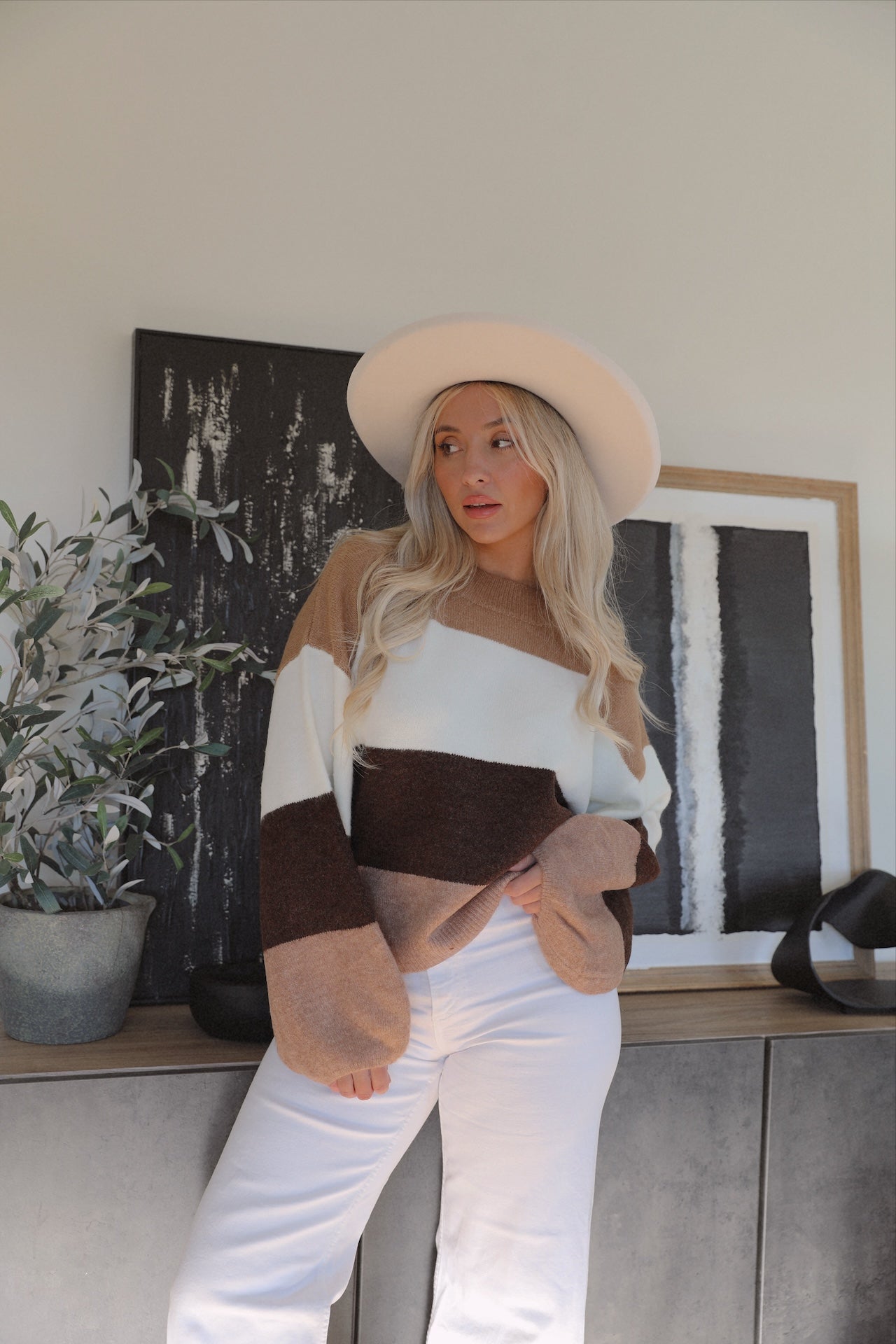 Brown Striped Colorblock Sweater