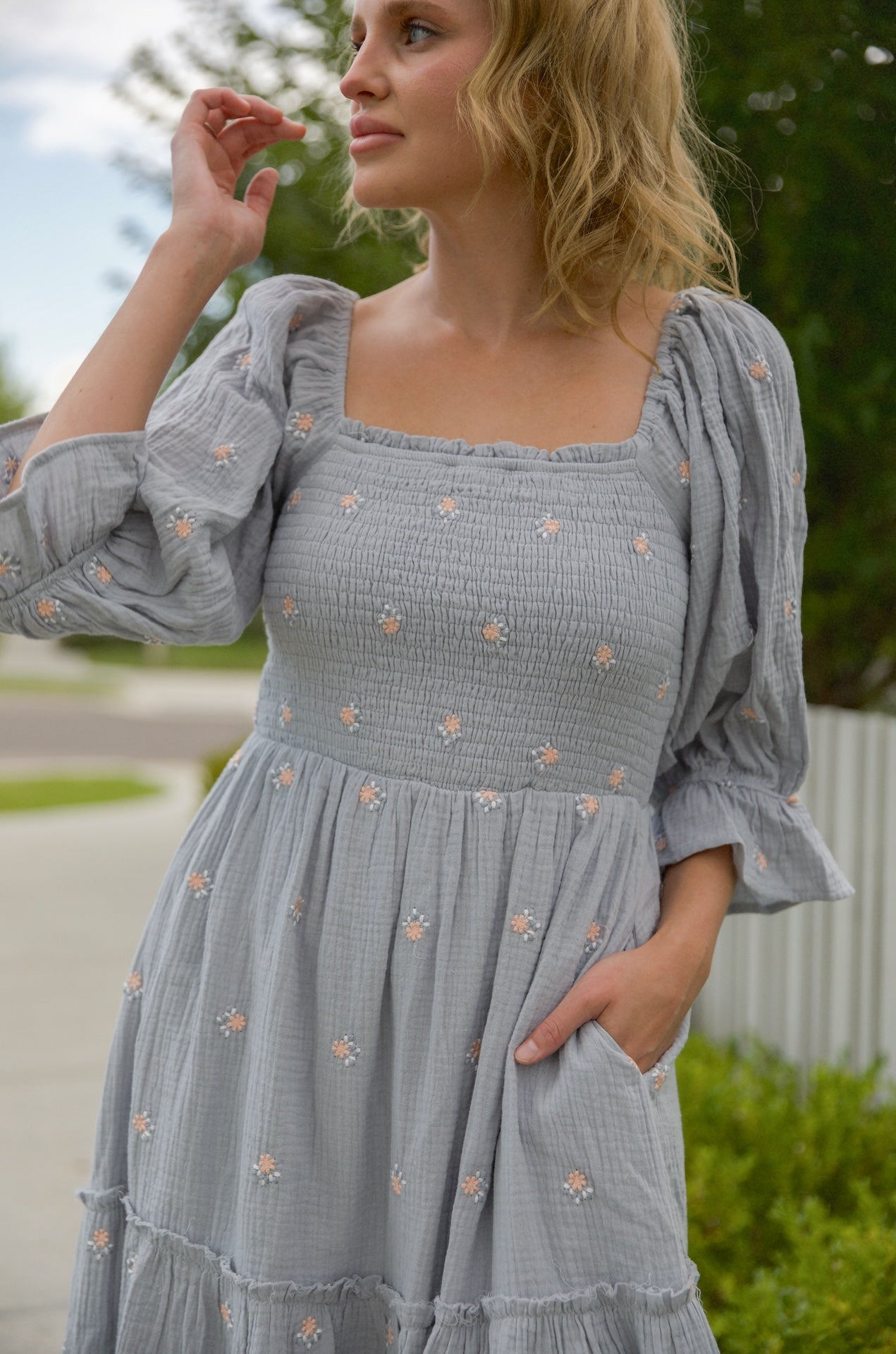 Darla Embroidered Steele Blue Puff Sleeve Dress