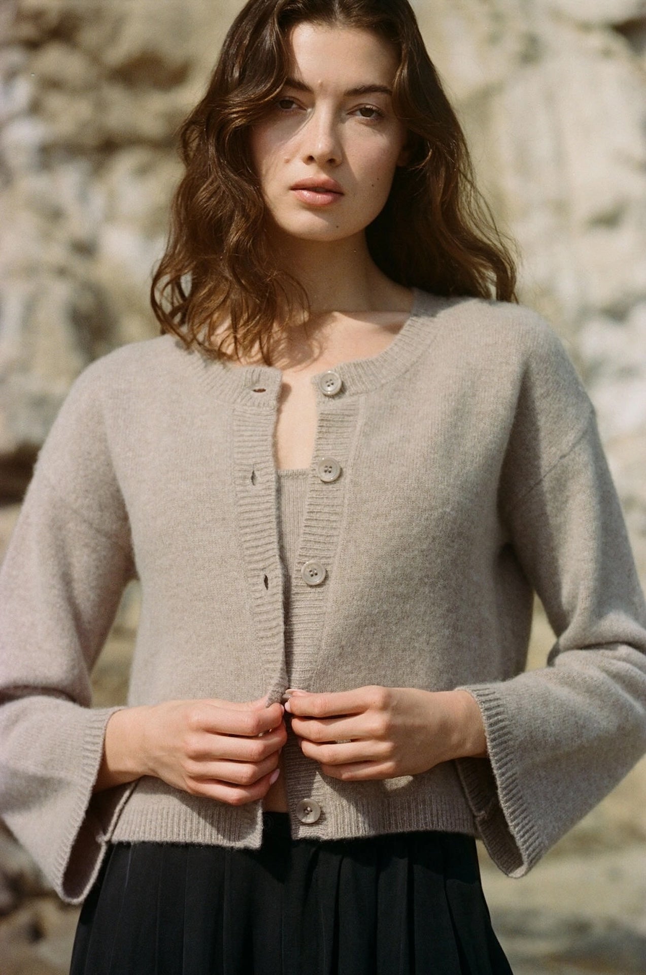 Beige Cashmere Cardigan Sweater