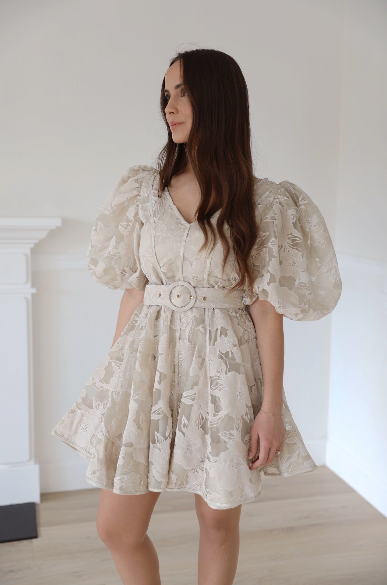 beige organza flowy floral puff sleeve mini dress with statement puffy sleeves and belted.