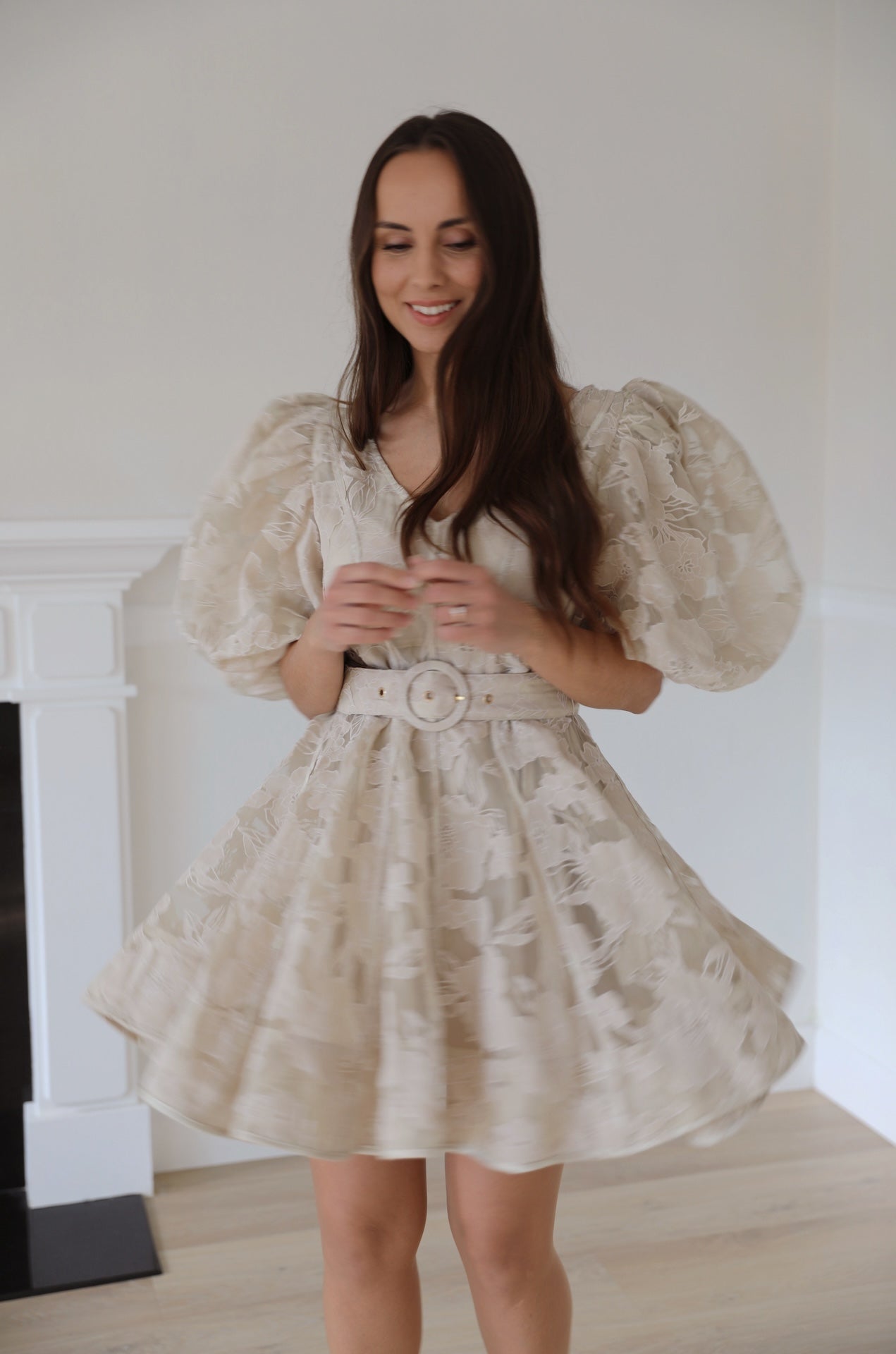 beige organza flowy floral puff sleeve mini dress with statement puffy sleeves and belted.