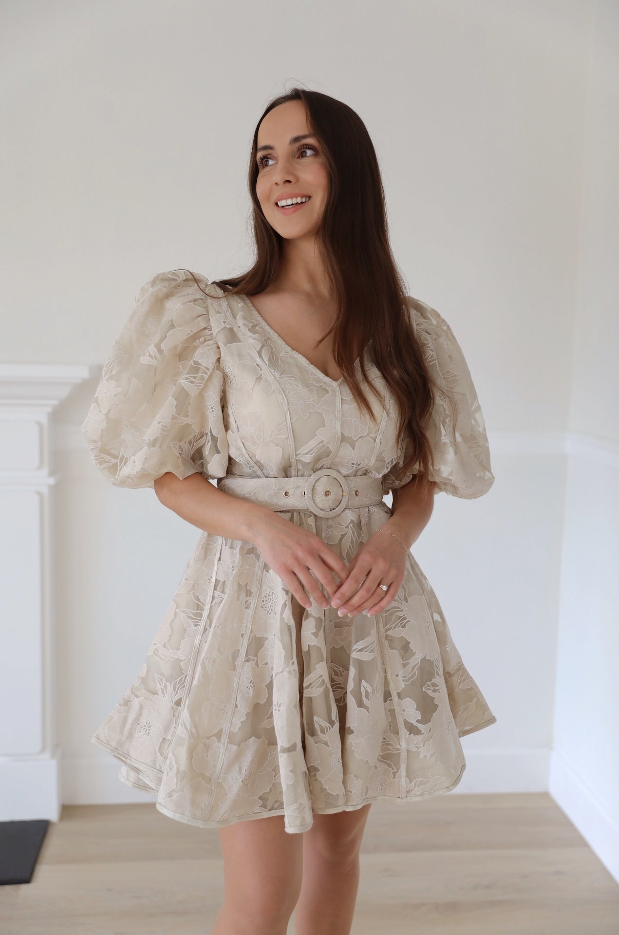 beige organza flowy floral puff sleeve mini dress with statement puffy sleeves and belted.