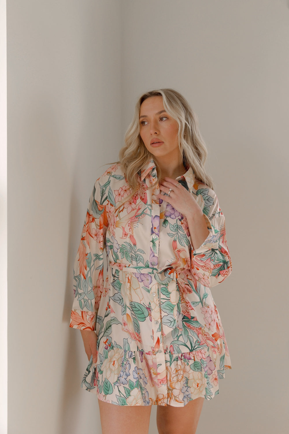 Long Sleeve Floral Belted Mini Dress - Various Colors main image 1