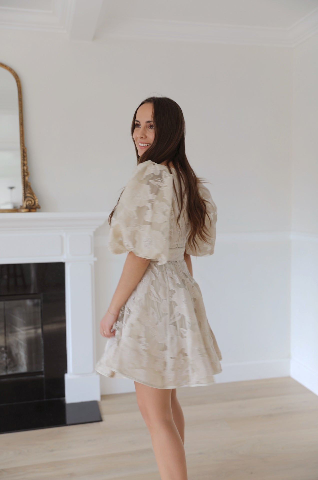 beige organza flowy floral puff sleeve mini dress with statement puffy sleeves and belted.