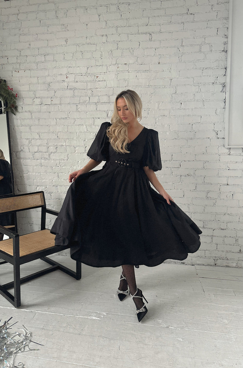 Black Puff Sleeve Midi Dress