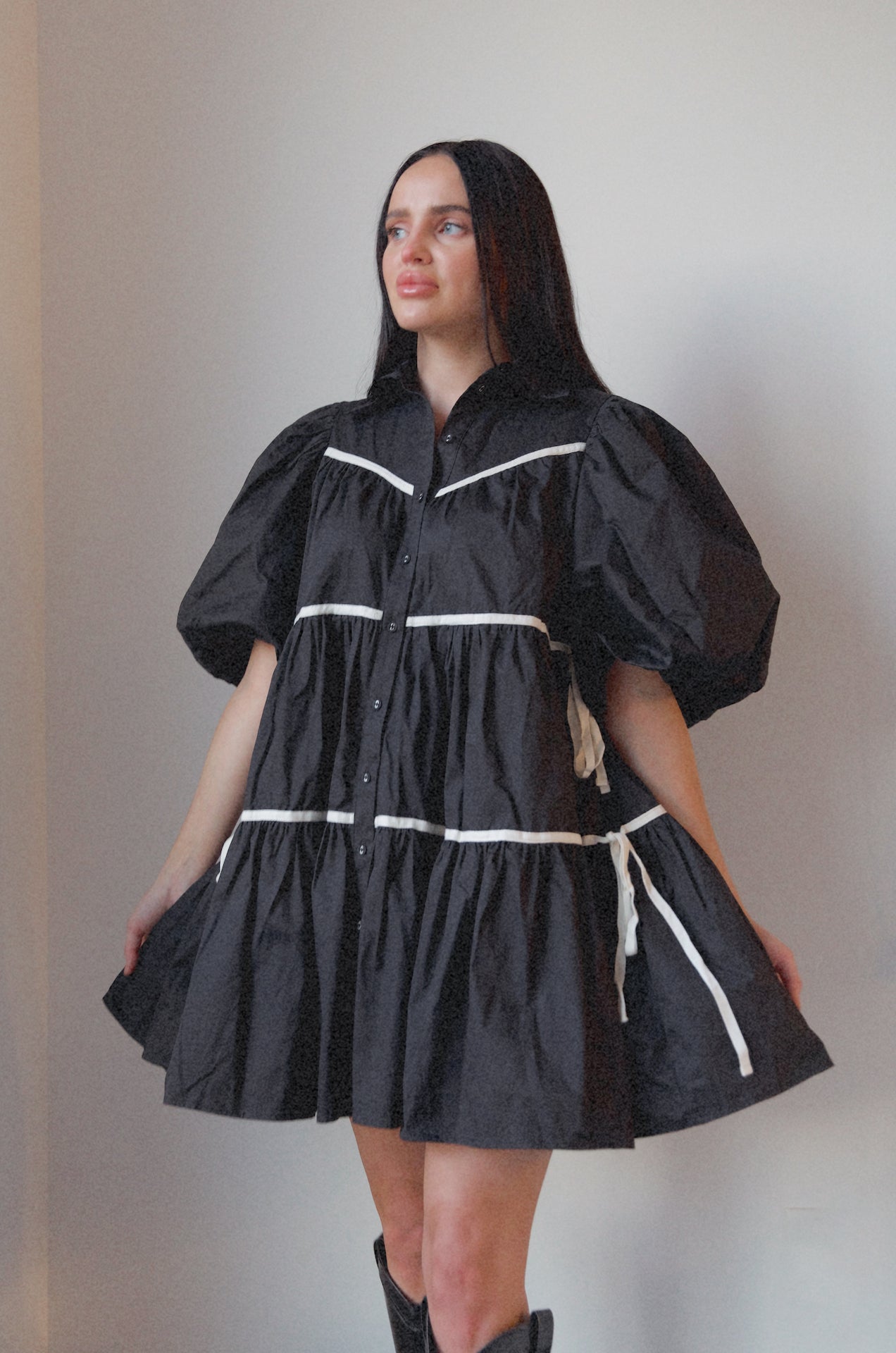 black poplin puff sleeve babydoll mini dress