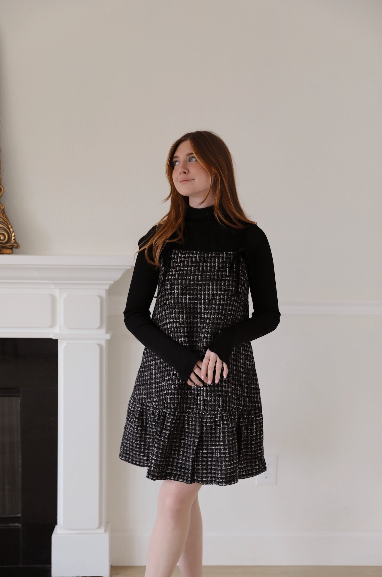 black and white tweed velvet spaghetti mini dress with velvet bow ties